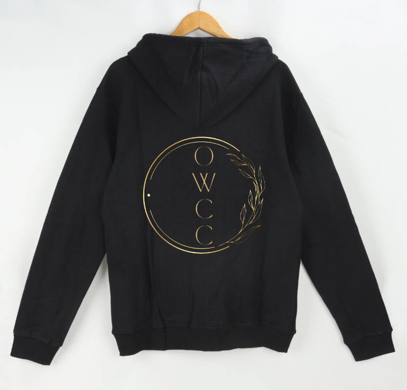 One World Clothing Co. black hooded sweatshirt back